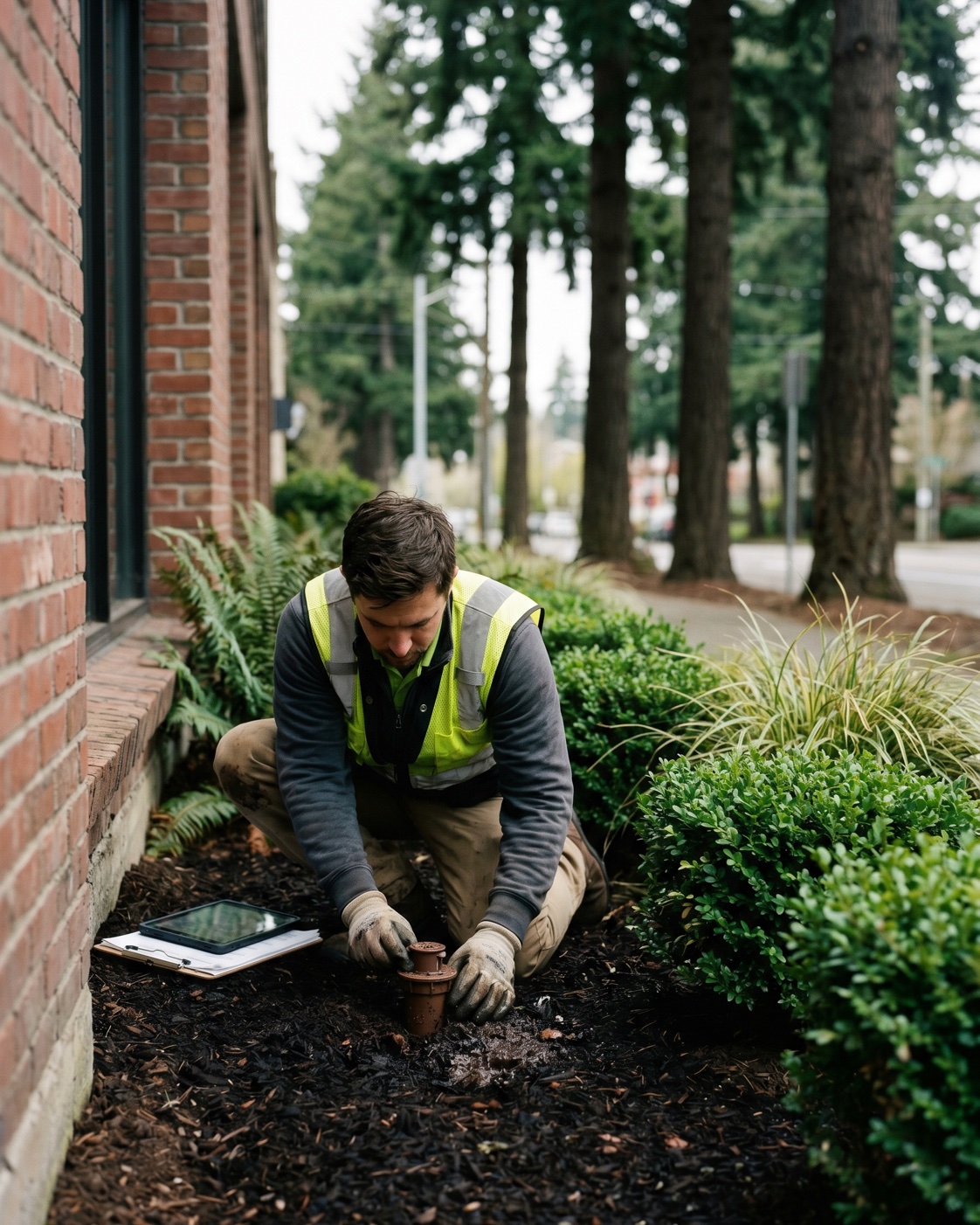 ManageMowed account manager inspecting an irrigation head in a dark mulch bed at a Portland commercial property, Douglas firs in the background