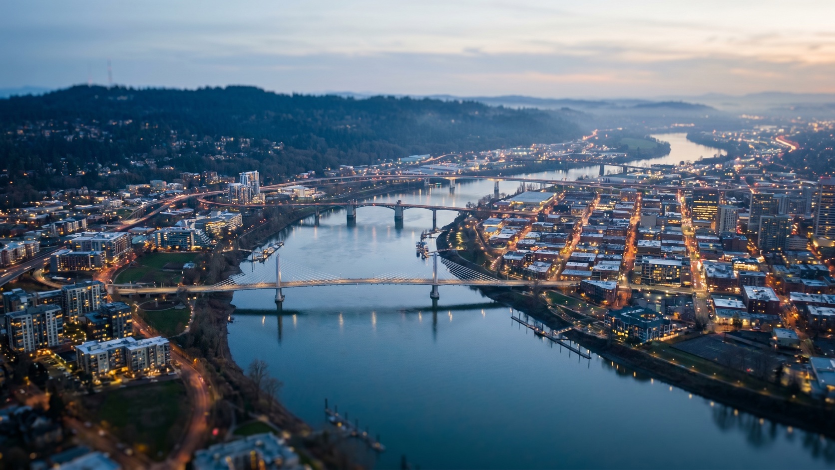 Aerial view of the Willamette River bridges and Portland metro at blue hour