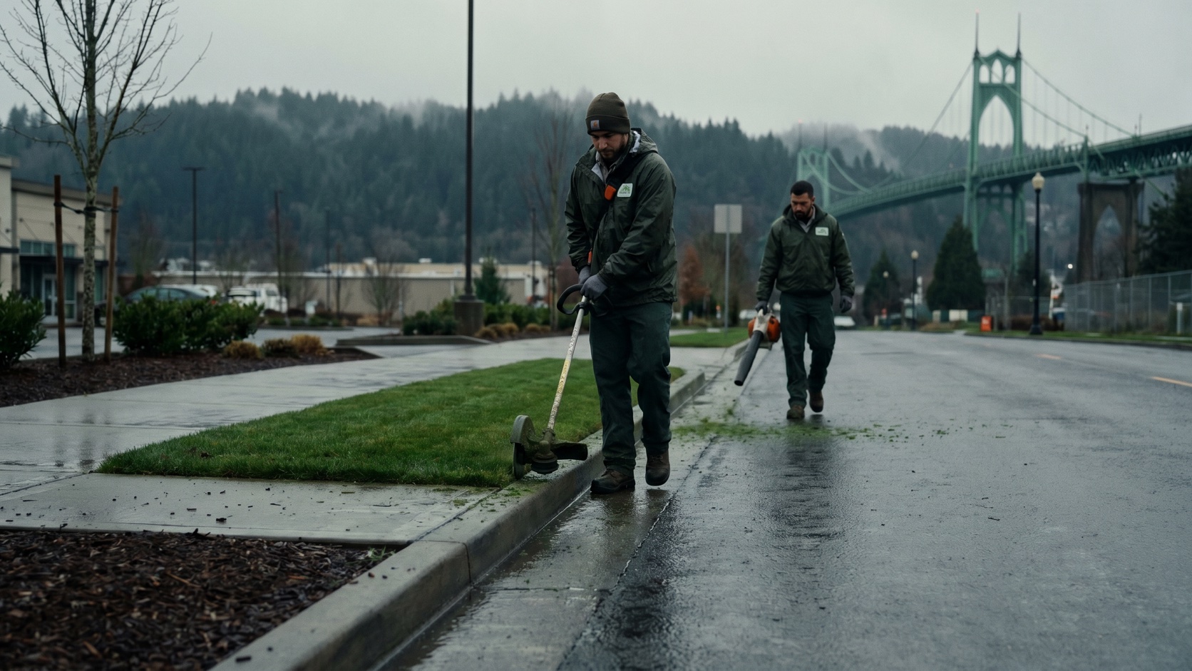 ManageMowed crew edging and blowing a retail center landscape in North Portland with the St. Johns Bridge in the distance